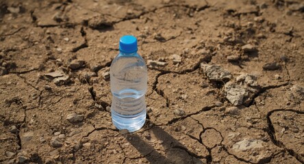 Bottled water placed on dry soil as symbol of climate change and water challenges