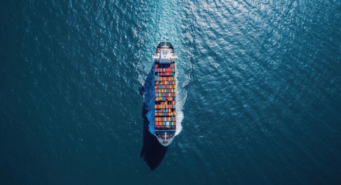 Birds eye drone view of a large freight ship loaded with colorful containers crossing deep ocean