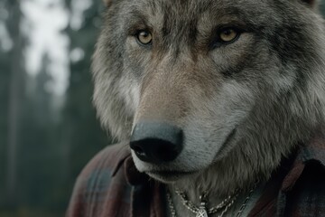 Fototapeta premium Close-up of a wolf's face in human clothes showing its piercing gaze and detailed fur, with a chain necklace, conveying a sense of fantasy and animal anthropomorphism.