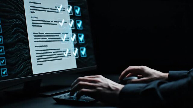 Digital checklist completion with glowing network data on computer screen