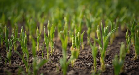 Detailed macro view of vibrant young soybean crops in natural soil