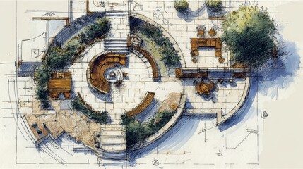 Obraz premium Detailed landscape architectural plan drawing an outdoor living space with seating, paving, garden beds, and trees, highlighting design for urban lifestyle and recreation