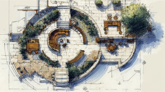 Detailed landscape architectural plan drawing an outdoor living space with seating, paving, garden beds, and trees, highlighting design for urban lifestyle and recreation