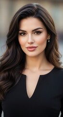 Naklejka premium Elegant Woman in Black Dress - A Portrait of Confidence and Style.