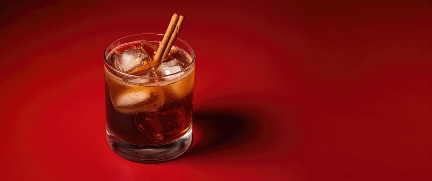 Carajillo coffee cocktail served cold with cinnamon stick in old fashion glass on vivid red surface