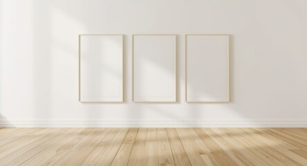 Clean minimalist hallway design with natural wood flooring and three empty canvas frames for art projects