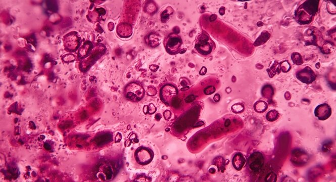 Blood culture from human sample stained for gram positive bacilli bacteria and viewed at 100 times magnification