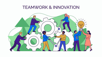 Fototapeta premium Group of business professionals collaboratively turning large gears, concept for project management presentation, corporate strategy illustration and startup teamwork campaign