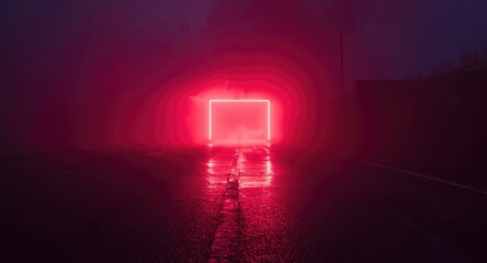 Abstract neon light reflections on wet asphalt in a dark empty street with smoke and smog