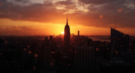 Obraz premium City silhouette at sunset framed by bokeh light and copy space
