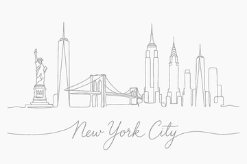 Minimalist single line drawing of New York City skyline with Statue of Liberty and Brooklyn Bridge, concept for travel poster design, city souvenir branding and architectural illustration