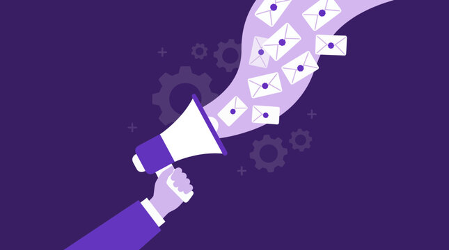 Businessman hand holding megaphone broadcasting email messages with gears, concept for digital marketing strategy, communication plan and mass announcement