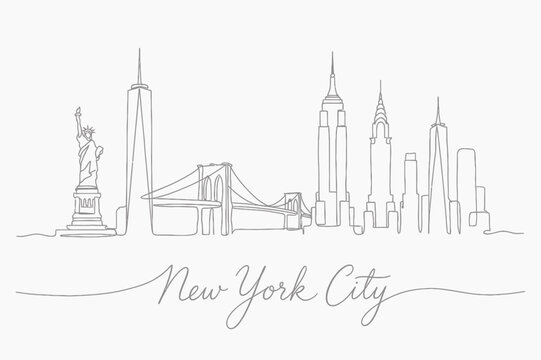 Minimalist single line drawing of New York City skyline with Statue of Liberty and Brooklyn Bridge, concept for travel poster design, city souvenir branding and architectural illustration