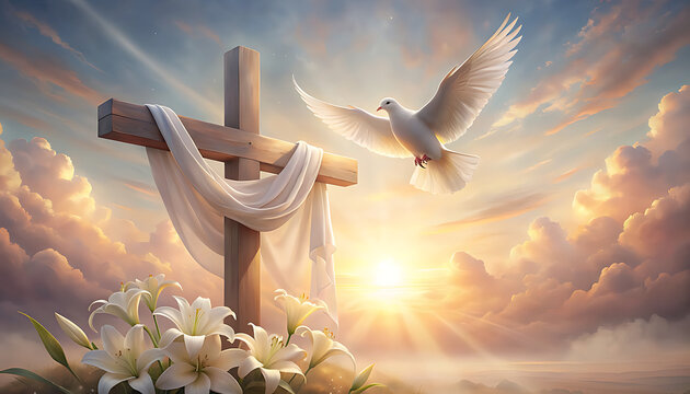 Christian cross with white cloth and dove against a cloudy sky.