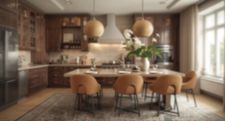 Fototapeta premium Elegant kitchen setting with soft light blur and bespoke furniture arrangement