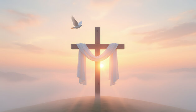 Christian cross with white cloth and dove against sunrise background.