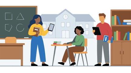 Modern education with teachers, student, and digital learning devices