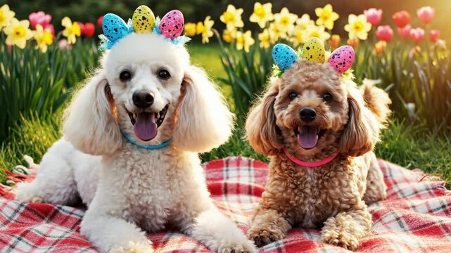 Happy poodles with Easter egg headbands on picnic blanket in spring