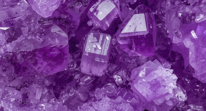 Detailed macro of bright purple lepidolite crystals featuring clear cubic structures and reflective facets over an organic background