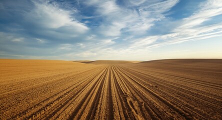 Fototapeta premium Comprehensive landscape of soil and hills with sky full of clouds emphasizing available land for growth