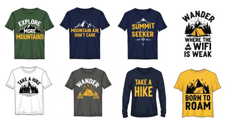 Collection of T-shirt designs with outdoor adventure themes. © Dianchan