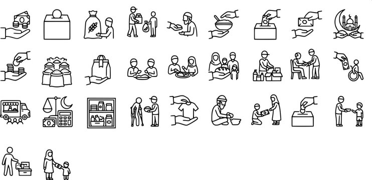 29 liner icon for zakat and islamic charity showing people giving money food and helping the needy.