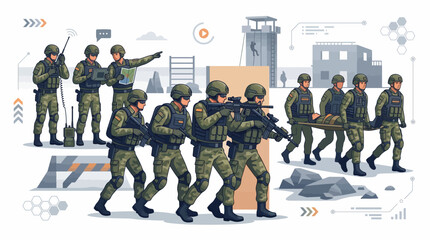 Illustration of American military soldiers in green camouflage uniforms and helmets moving tactically with guns in a city setting with industrial buildings and a gray background © Anggora