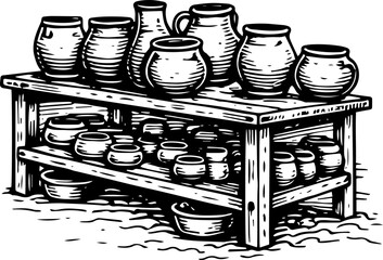 Vintage Woodcut Double Shelf Pottery Jars Bowls Illustration