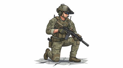 An American military soldier in green camouflage gear kneels on one knee, holding a rifle with a helmet and protection gear, standing guard with security and armed for defense © Anggora