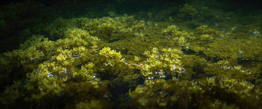 Dense coverage of Wolffia Globosa algae on slow moving freshwater