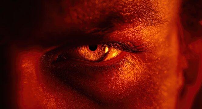 Close shot of a fiery eye radiating strong emotions of fury and retribution
