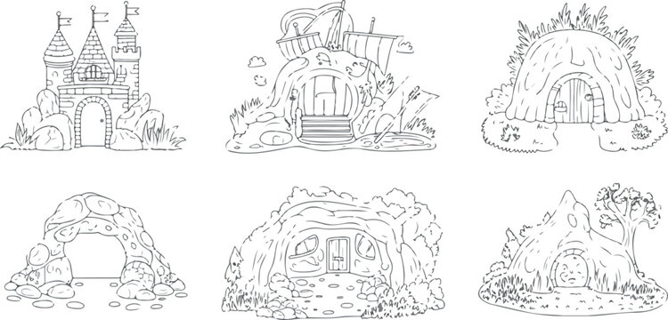 Set of cartoon fantasy houses for children, castles, cave dwellings, and hobbit homes line art