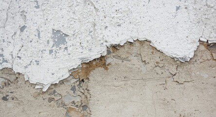 Obraz premium Damaged cement wall texture with chipped paint and irregular caulking indicating wear and repairs