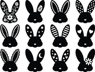 Fototapeta premium Decorative Easter Rabbit Head Silhouette Set Vector Bunny Face Ornamental Bundle Black Cutout