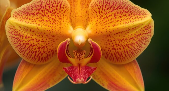 Close up of a vibrant Encyclia Prosthechea vitellina hybrid orchid with bright orange and yellow petals