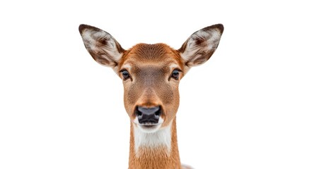 Fototapeta premium Close up frontal image of a male red deer against a plain white surface