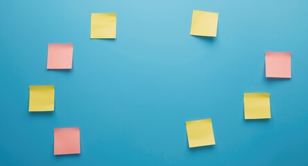 Collaborative business session with various sticky notes on a blue background ideal for text placement