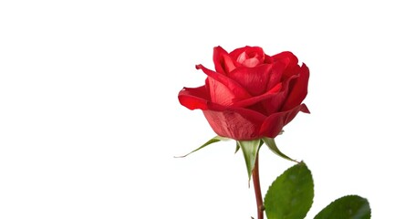 Close up of a broken red rose on a plain white background with copy space