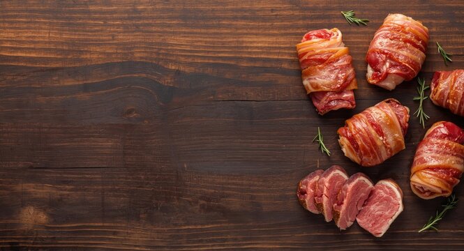 Aerial view of bacon wrapped beef medallions set on dark wood butcher block with ample copy space