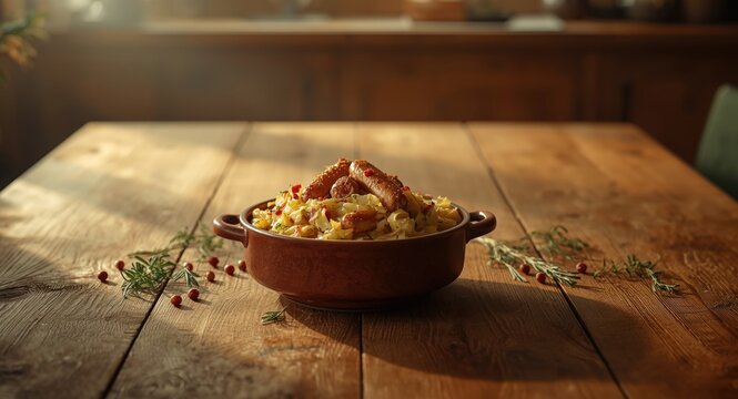 Rustic bowl presentation of savory baked sauerkraut and sausages layered with Bryndza cheese and spices