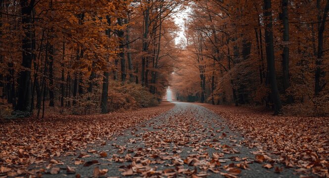 Brown leaves scattered densely along a quiet road