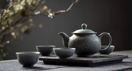 Fototapeta premium Sophisticated tea pot and cup arrangement for puer tea