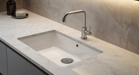 Fototapeta premium Contemporary kitchen washbasin with stylish mixer faucet and integrated countertop