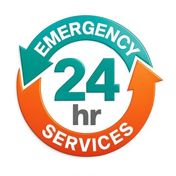 24 hour emergency services logo, urgent help sign, round badge