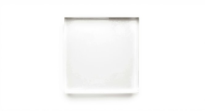 Clear acrylic square block seen from above against white background