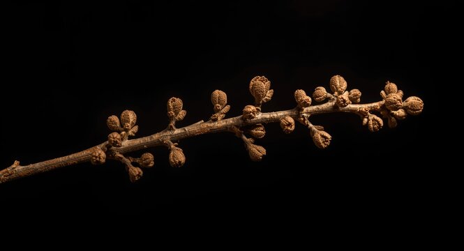 Dark background highlighting a Ceratonia siliqua branch with young buds and botanical texture