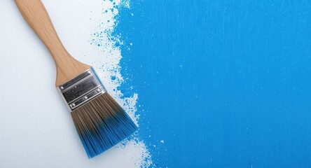 Blue paint soaked brush resting on unfinished flat panel inspiring new creative projects