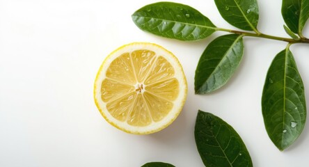 Bright lemon half featuring fresh green leaves isolated on a smooth white surface