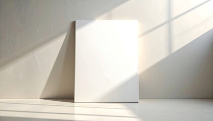 Blank white rectangular canvas standing against a textured off-white wall, bathed in sunlight