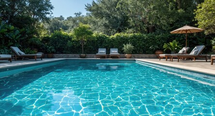 Fototapeta premium Crystal clear pool water glowing in sunlight beside lounge seating and abundant natural greenery copy space
